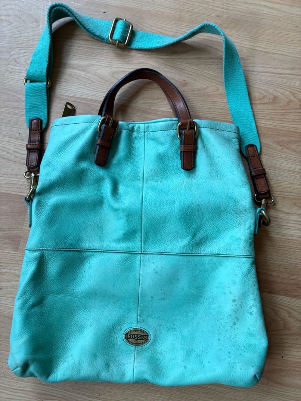 Fossil vintage turquoise Leather Tote purse shoulder bag Brown Trim strap